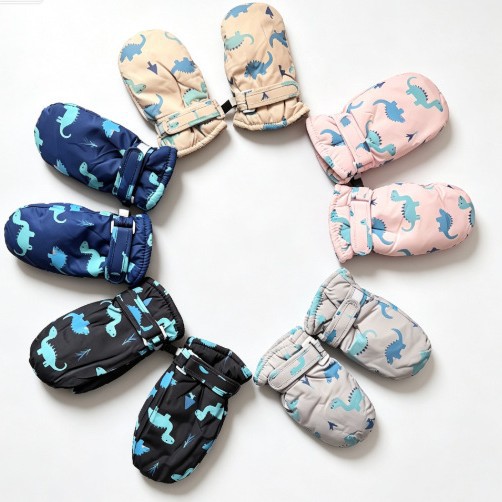 Zaijun children's ski gloves, warm coated, dinosaur print ski gloves.