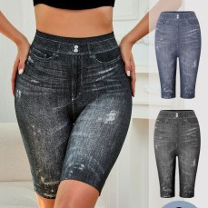 Elegant and Sleek Tight-Fitting Fashion High-Waisted Elastic Denim-Like Leggings for Women, Can Be Worn Outside, Five-Finger Shorts