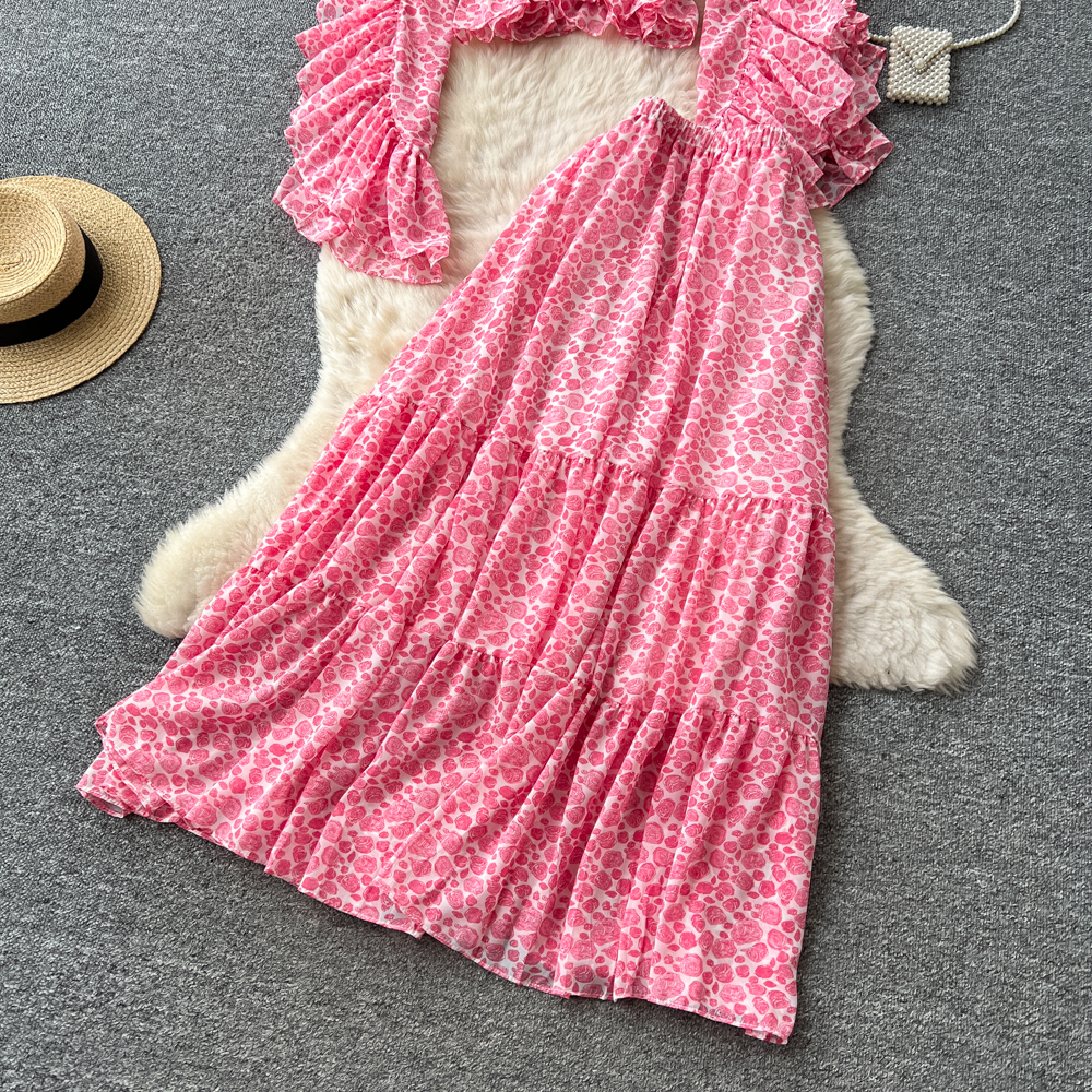 Women's French Style Pink Ruffled Bell Sleeve V Neck Shirt High Waisted Tiered Skirt Two Piece Set Slimming Spring Resort Wear_ecoleips.com