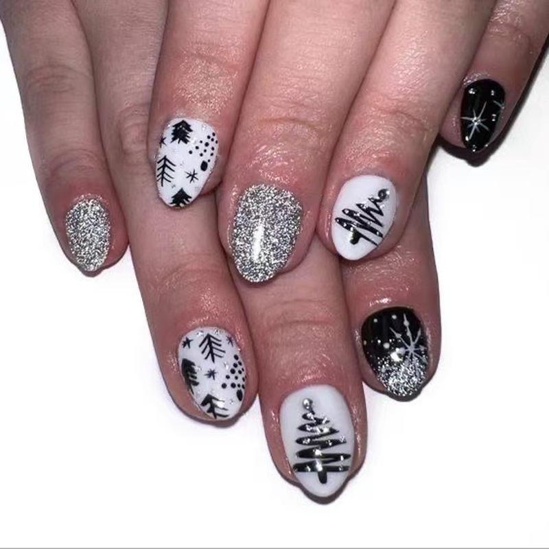 Christmas Short Almond Black and White Silver Christmas Tree Snowflake Polka Dot Design Simple Classical Style Manicure Nails Christmas Short Almond Black and White Silver Christmas Tree Snowflake Polka Dot Design Simple Classical Style Manicure Nails