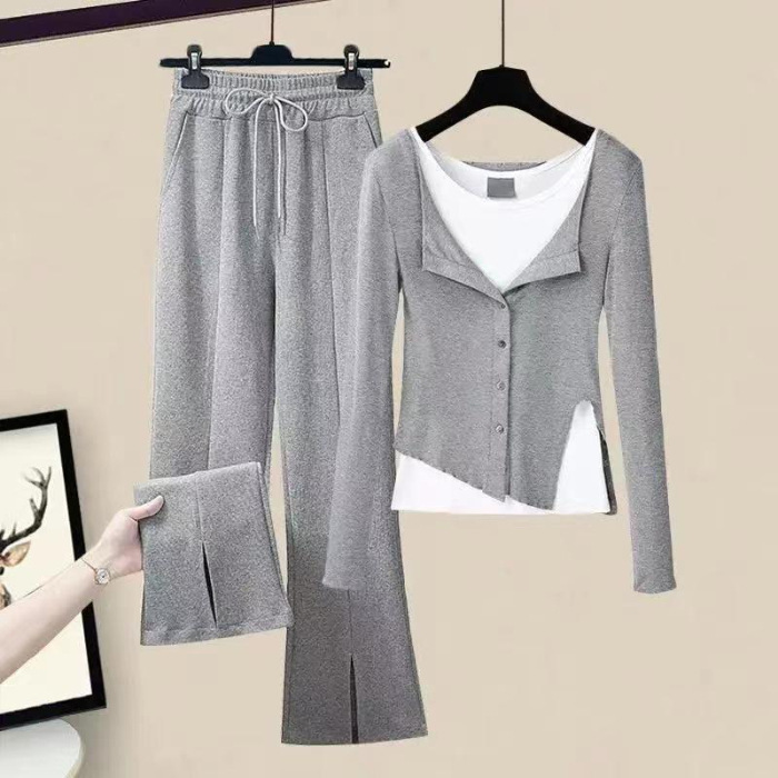 新商品の婦人服スーツ春と秋の灰色の偽の2つの上着の底のシャツのオープンフォークの広い足のカジュアルなズボンの3つのセットの女性|undefined