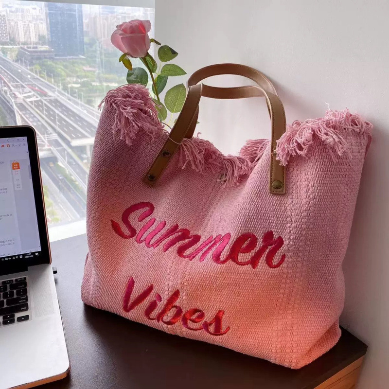 大容量バッグキャンバスバッグ刺繍アルファベットトートバッグレディース女性カバン編みビーチバッグショルダーバッグBag