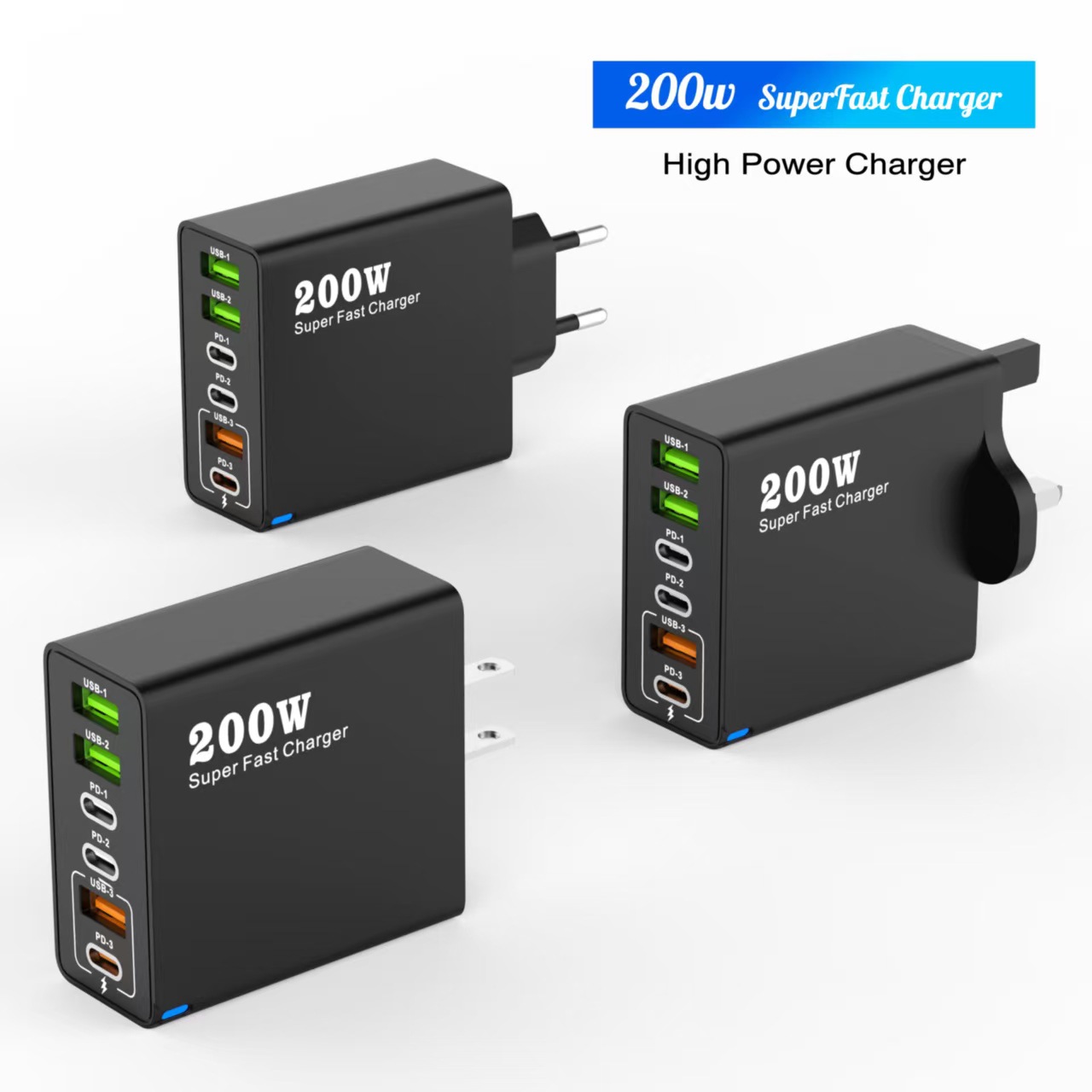Nuevo cargador multipuerto de 200W transfronterizo 3USB 3PD teléfono móvil seis en uno cabezal de carga rápida 5V2.4A estándar europeo y americano británico