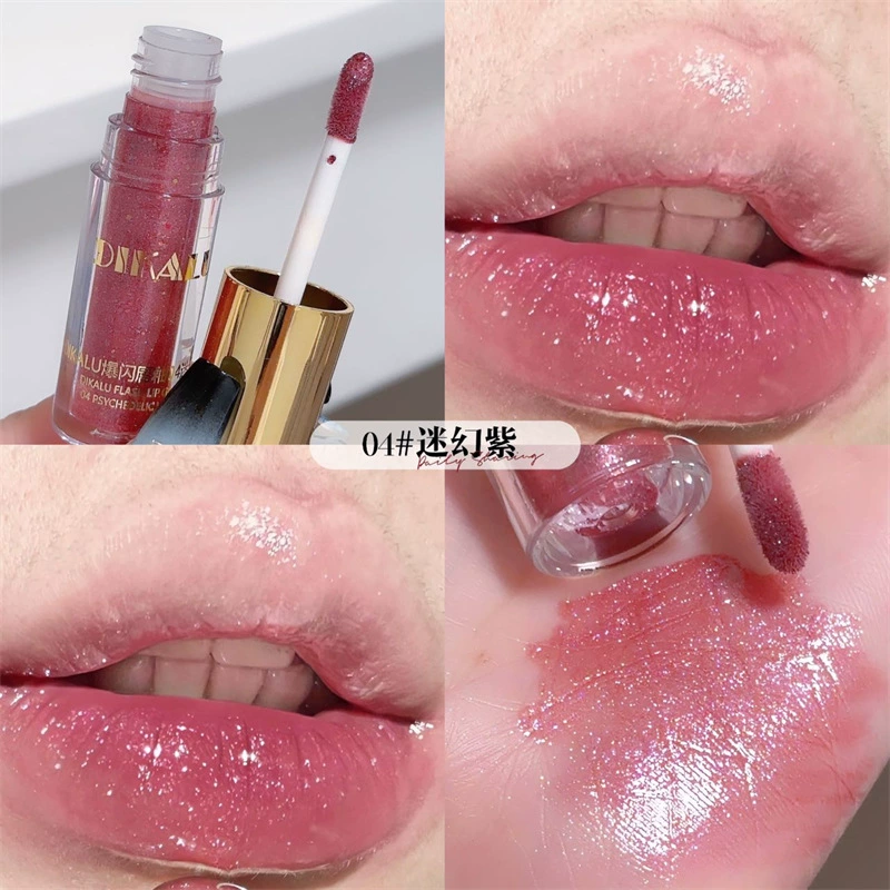 Lip gloss (DIKALU) mirror‑effect sparkle gloss, lightweight transparent tint, shades 01–05