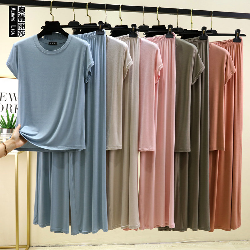 Short-sleeved T-shirt Women's Summer Modal Thin Outer Wear suit Loose Top Casual Pants plus size Pajamas Two-piece Set Short-sleeved T-shirt Women's Summer Modal Thin Outer Wear suit Loose Top Casual Pants plus size Pajamas Two-piece Set