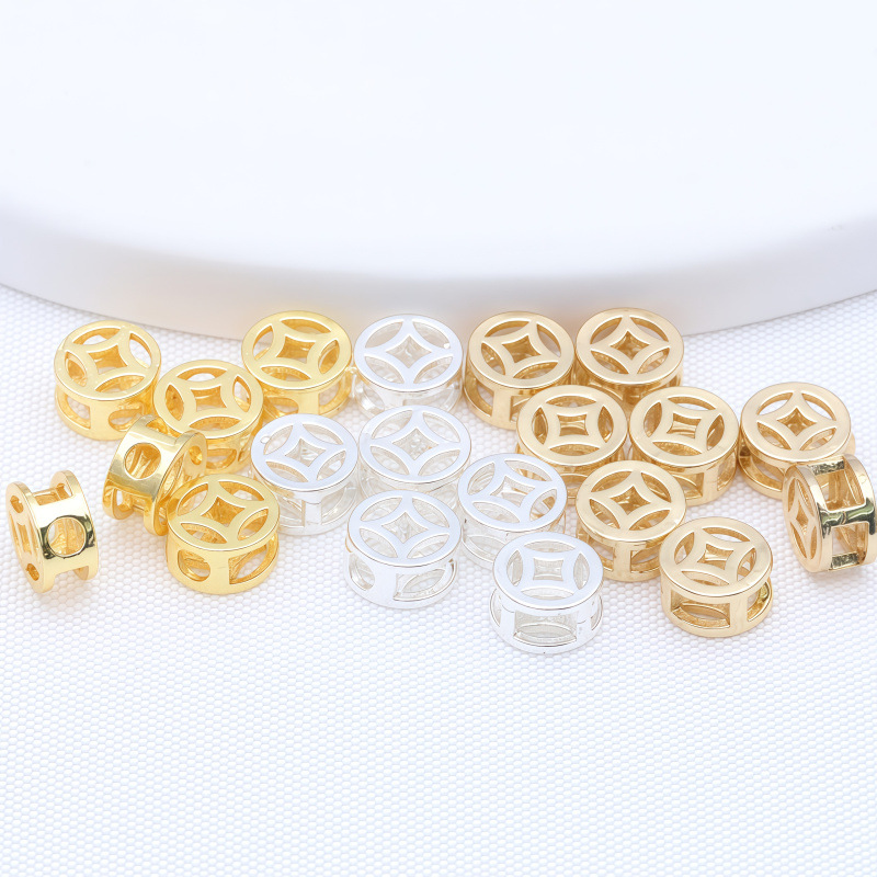 14k包金保色镂空隔珠铜钱钱币 diy手工饰品配件 项链手链串珠材料