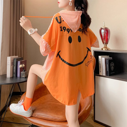 Striped Hooded Short-Sleeve T-Shirt for Women - Trendy Loose and Thin Design, 2025 Spring, Plus-Size, Design-Focused Splicing Top for Women