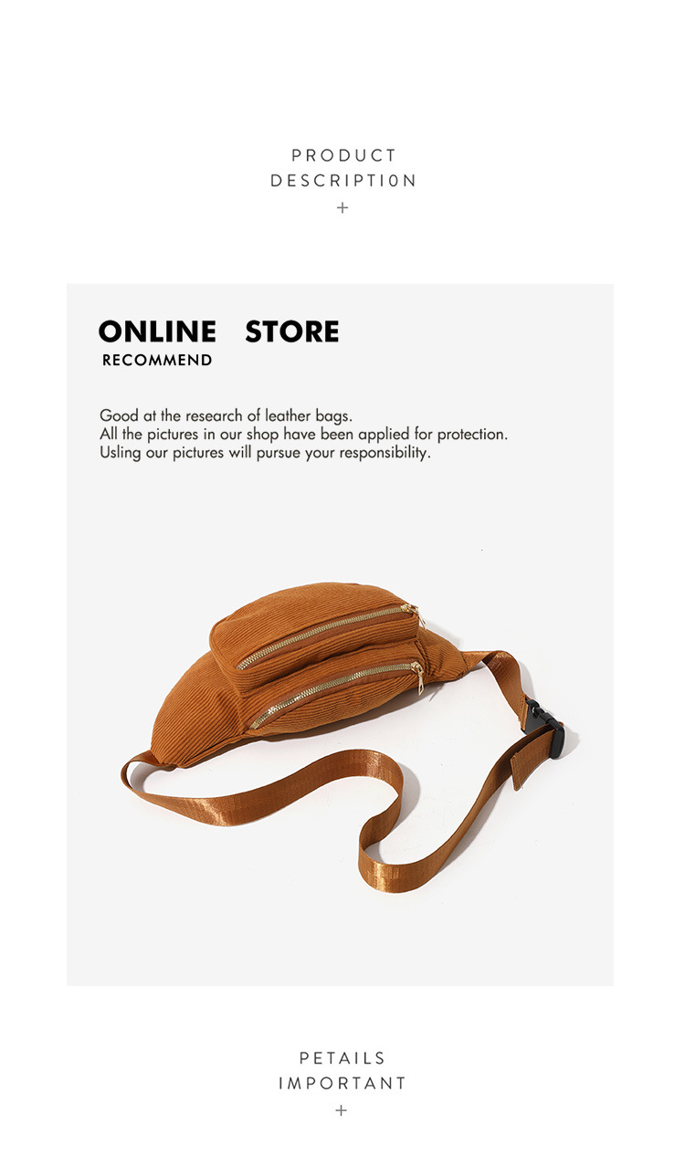 101g Weight Polyester Lining Material Zipper Closure Type Single Shoulder Strap Strap Type Fanny Pack Bags Type Casual, Street Occasion Corduroy Material Solid Color Pattern Spring Season Women's Gender Streetwear Style Dumpling Shape Shape Medium Size Women's Streetwear Solid Color Corduroy Waist Bags 无