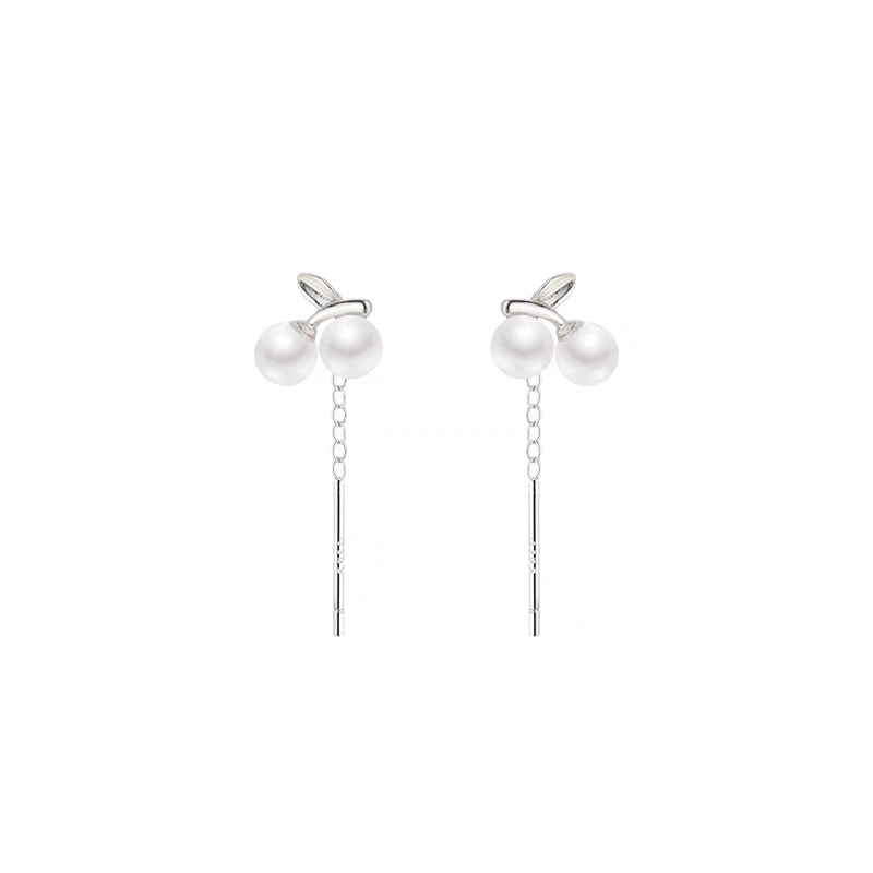 S925 cereza de plata esterlina línea de orejas para mujeres ligero lujo nicho diseño de pendientes agujeros de orejas temperamento simple nuevo perla pendientes