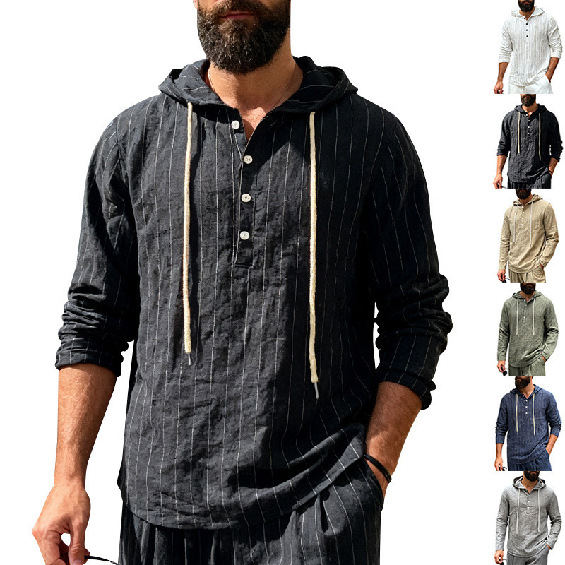 Cross-Border American Style Spring and Autumn Plus-Size Men's Loose Casual Trendy Hooded Henley Retro Vacation Commuting Long-Sleeve Shirt