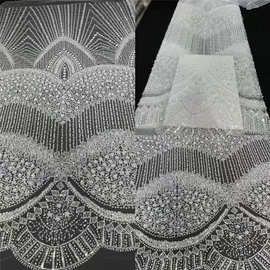 新款白色系列珠管网纱面料亮片刺绣旗袍礼服婚纱布料拼接布料lace