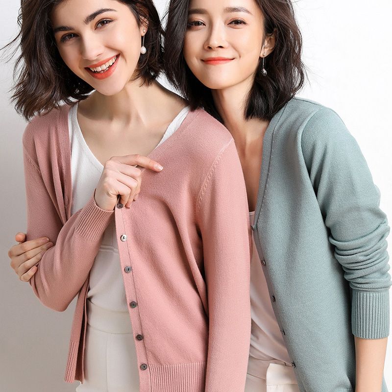 春装新款针织打底领修身小开衫外套百搭短款毛衣女薄款