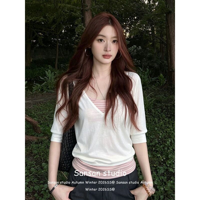 [Original Color-Woven Stripes] Mid-Sleeve T-Shirt Women's Two-Piece Set Summer Striped Camisole Slim-Fit Short-Sleeve Top
