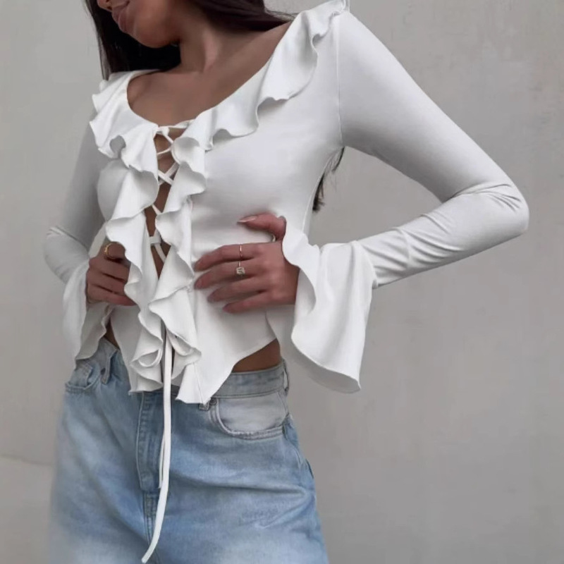 Europe and the United States cross-border sexy V-neck strap hot girl top fashion stitching ruffled long sleeve solid color horn sleeve T-shirt Europe and the United States cross-border sexy V-neck strap hot girl top fashion stitching ruffled long sleeve solid color horn sleeve T-shirt