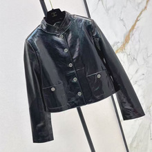 2025高端减龄激光羊皮夹克外套双口袋立领真皮女士短款皮衣名媛风