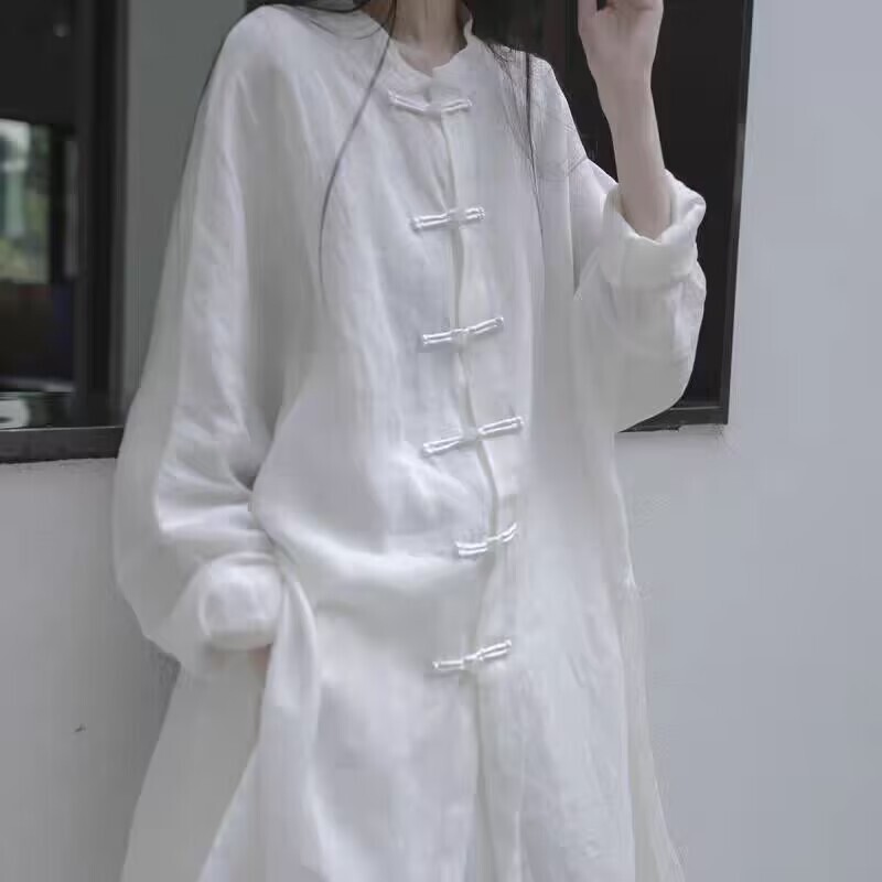 Zen Hanfu Guofeng Long White Shirt Chinese Button Tea Suit Top Loose Shirt Meditation Practice Clothes suit Zen Hanfu Guofeng Long White Shirt Chinese Button Tea Suit Top Loose Shirt Meditation Practice Clothes suit