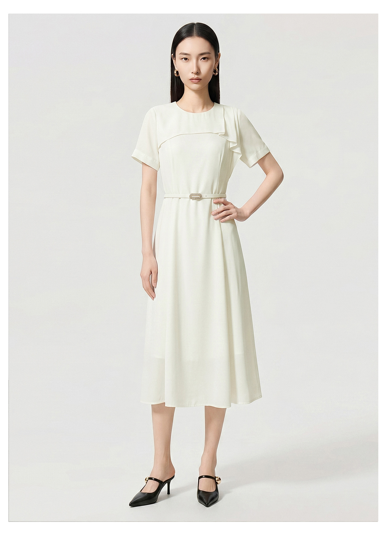 Đầm maxi nữ thắt eo chất liệu chiffon, cổ phiêu bèo nhún, tay ngắn — màu đen chi tiết 13