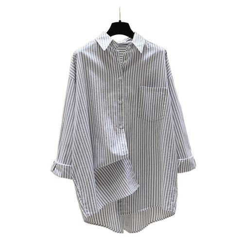 Striped long-sleeve women's shirt 2024 autumn new Korean-style literary loose simple medium-length open sweater