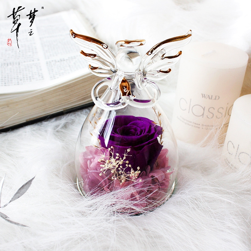 Comercio exterior Ángel flor eterna al por mayor Rosa cubierta de vidrio hecho a mano Amazon cumpleaños Día DE LA MADRE Día de San Valentín regalo