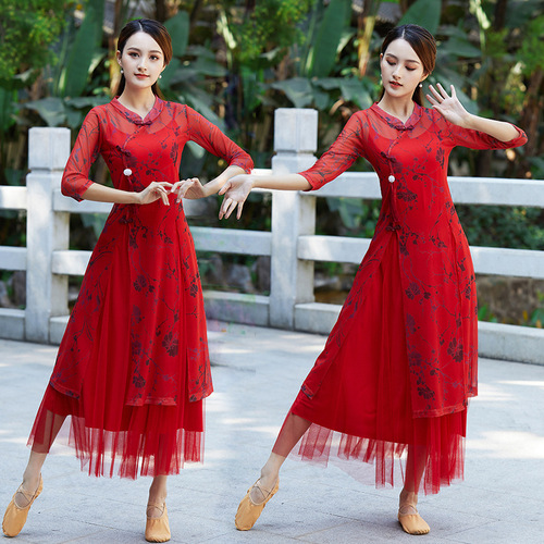 Square dance clothing new suit Chinese classical style ethnic dance practice clothes women's gauze and elegant cheongsam