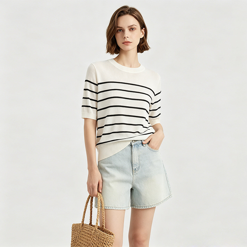 Cos Same Style Tencel Lyocell Knitwear Women's 2026 Summer Thin Round Neck Short-Sleeved Stripesd Bottoming Slimming Top