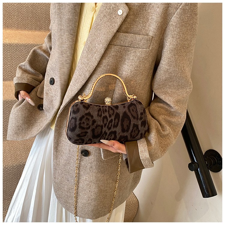 European and American style leopard print chain small square bag for women, 2024 new Korean style fashionable single-shoulder bag, flared crossbody dinner bag undefined