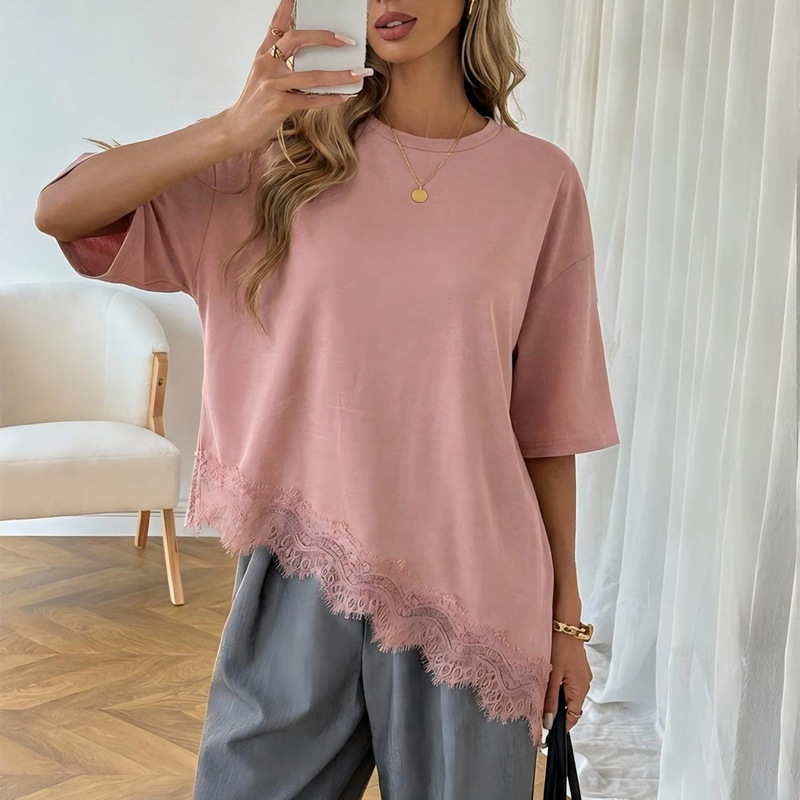 2026 Summer New Cross-Border Women's Fashion Elegant Design Asymmetrical Hem Lace Patchwork Short Sleeve Plus Size T-Shirt Top for Women 2026 Summer New Cross-Border Women's Fashion Elegant Design Asymmetrical Hem Lace Patchwork Short Sleeve Plus Size T-Shirt Top for Women
