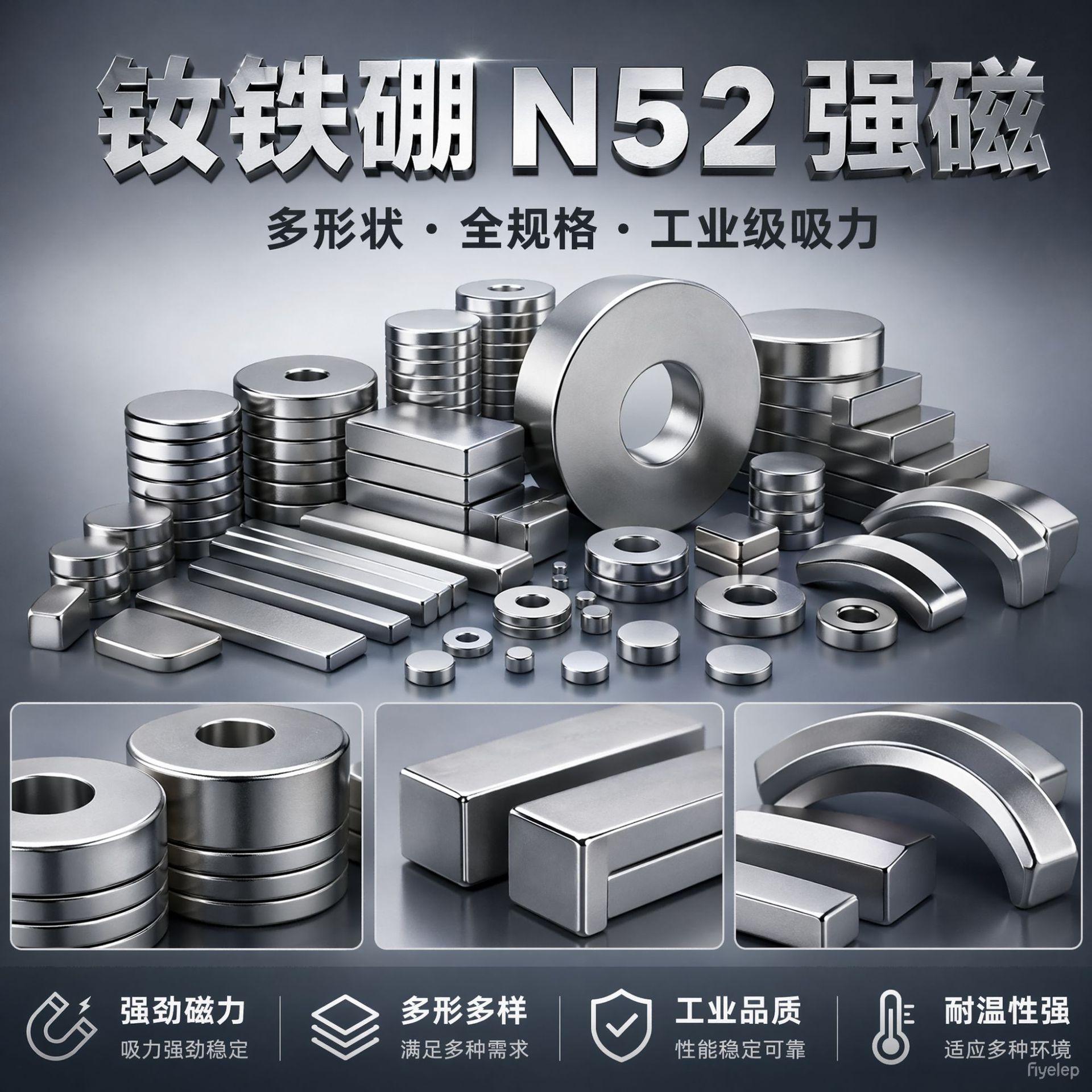 钕铁硼 N52 强磁 带孔圆形方形长方体瓦形磁铁 多形状 工业强磁铁
