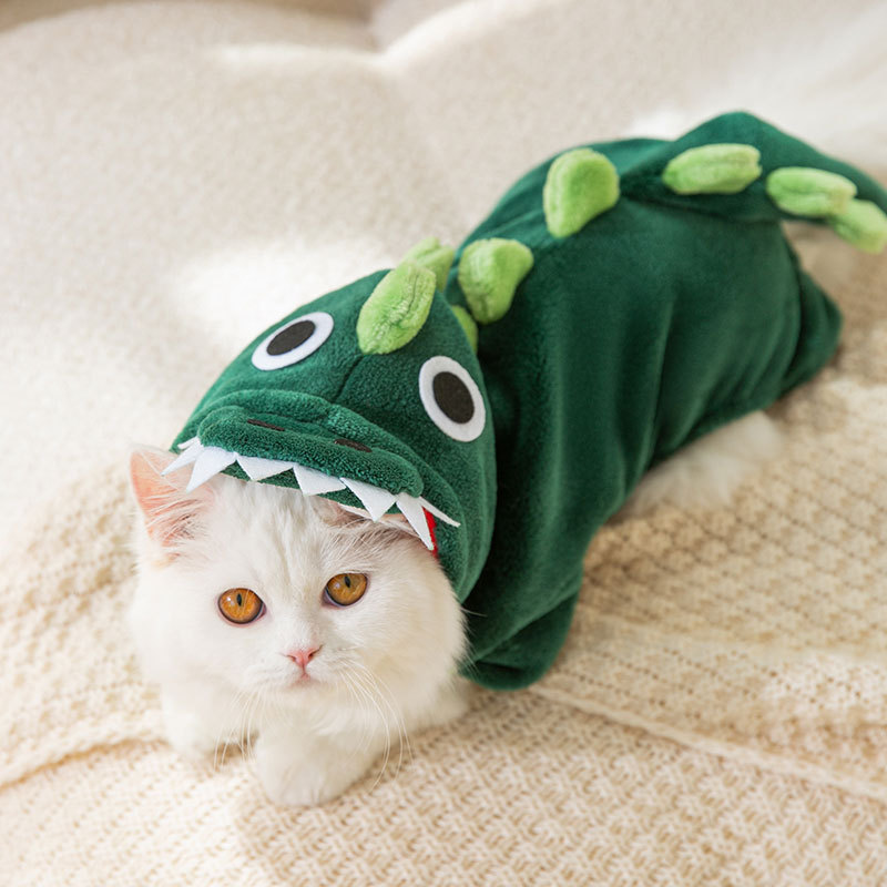 Franela otoño e invierno cálido gato lindo dinosaurio transformación traje Puppy Cat cuatro patas divertido mascota gato ropa