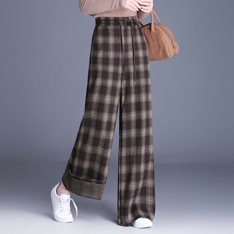2025 Autumn and Winter New Plaid Woolen Wide-Leg Pants for Women, Thickened Straight-Leg Pants, Trendy Mom Casual Pants This Year
