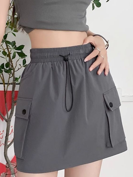 ヨーロッパとアメリカのストリートホットガール巾着弾性ウエスト作業服スカートレトロ夏痩身カレッジスタイルヒップカバーミディスカート|undefined