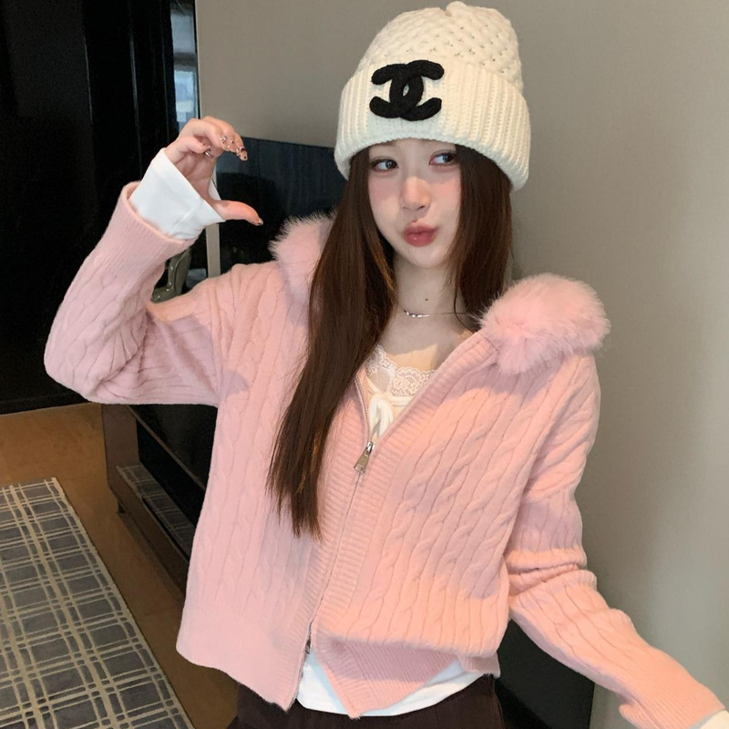 Pink Hooded Sweater Cardigan for Women, Autumn and Winter New Style 2025, Trendy, Stylish, Versatile, Slim-Fitting Top