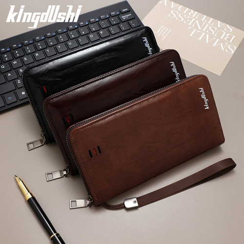 Cross-border retro waxed leather men's long zipper handbag large capacity multi-card slot phone bag for men money clip portable