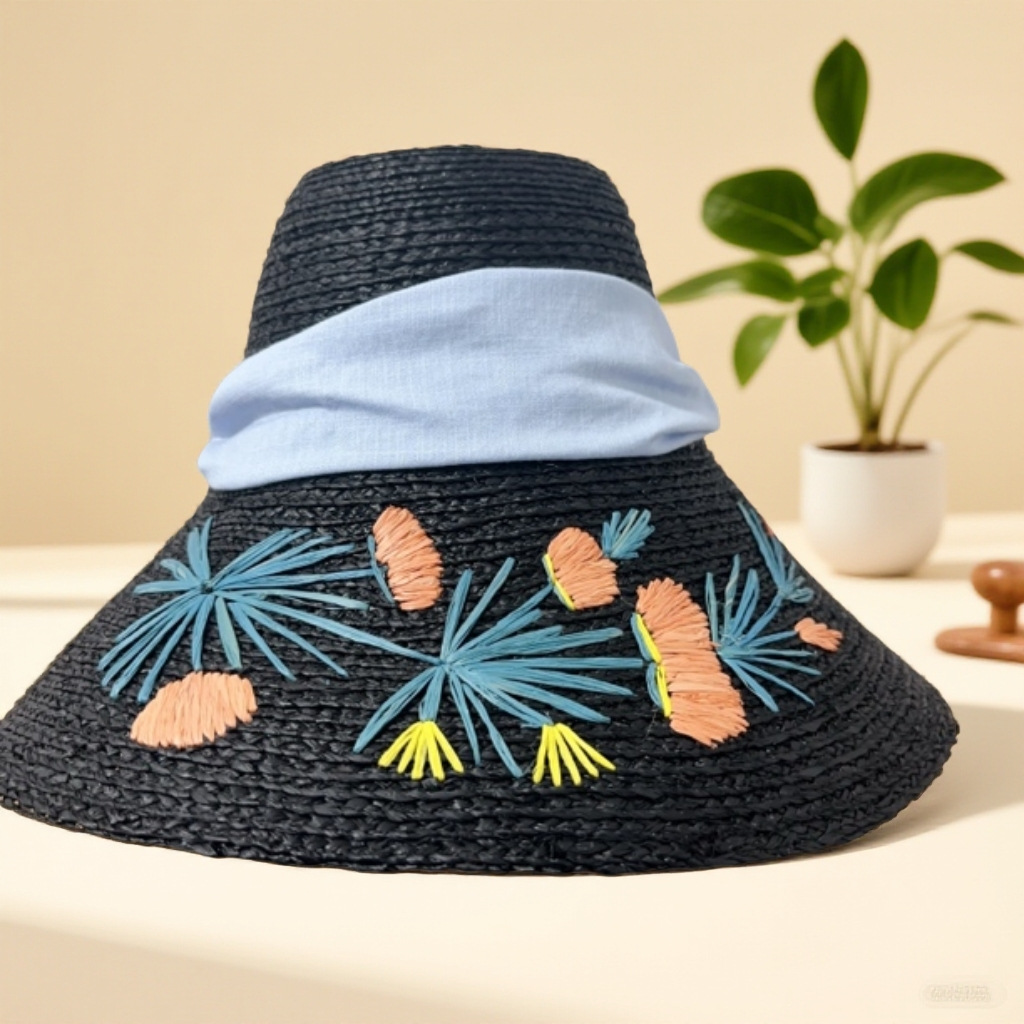 Solhatt i halm för dam i hepburn-stil med broderade blommor_voghion.com