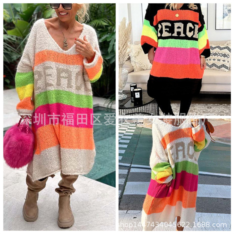 2025 Spring and Autumn Women's New European and American Cross-Border Amazon Rainbow Stripe V Neck Loose Knitted Sweater Women 3 Colors 2025 Spring and Autumn Women's New European and American Cross-Border Amazon Rainbow Stripe V Neck Loose Knitted Sweater Women 3 Colors