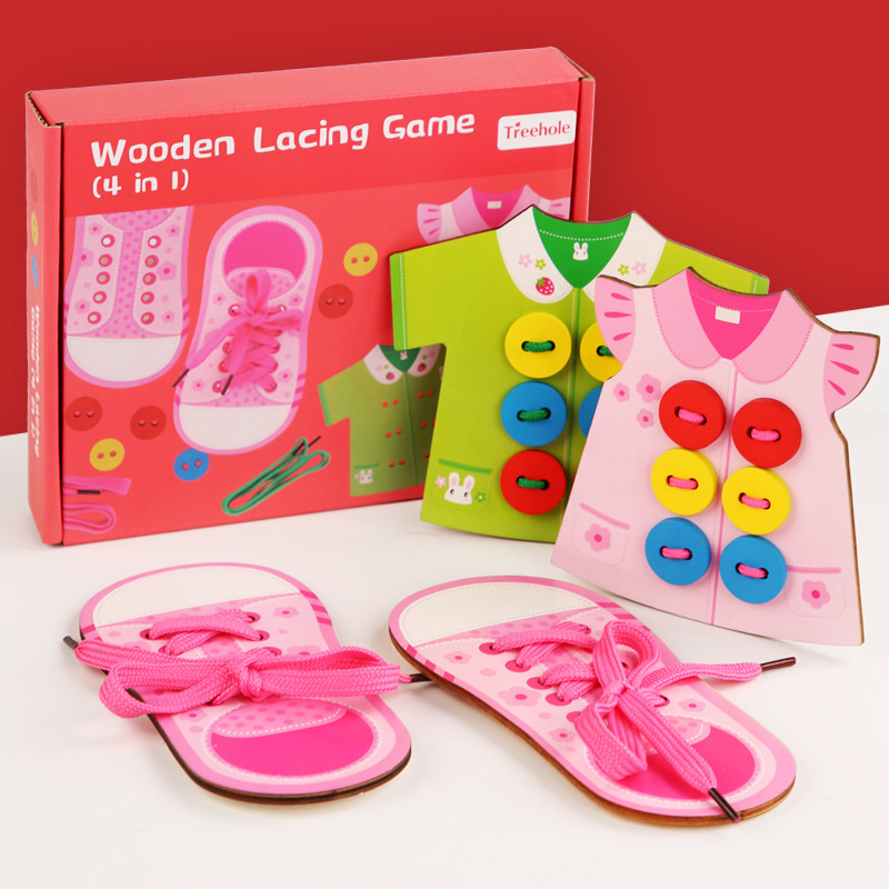 Kindergarten niños con cordones de zapatos, ayudas didácticas, juguetes educativos de educación temprana Montessori, ejercicios de entrenamiento de movimientos finos de dedos para bebés