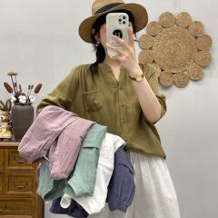 6320 気質 V ネック二重層綿ガーゼカーディガンミッドスリーブシャツ女性のためのシンプルな 2025 夏の新ルーズトップ