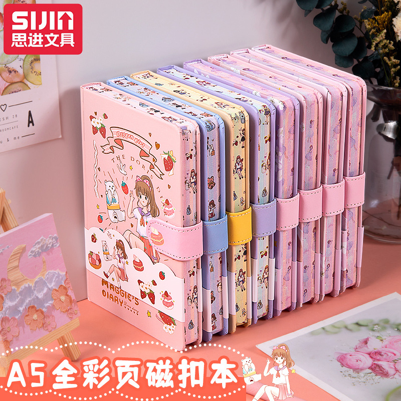 Libro de contabilidad de mano de dibujos animados, página en color, libro de hebilla magnética, libro de contabilidad de mano de corazón de niña linda, cuaderno de estudiante, cuaderno de diario