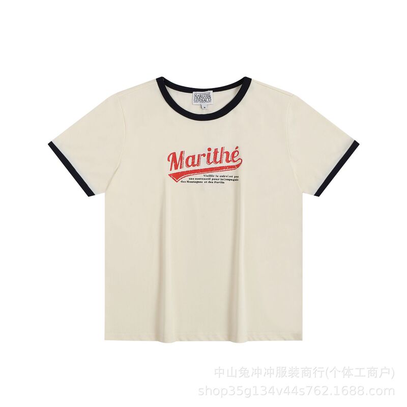 韩国marithe字母刺绣印花休闲正肩短袖男女同款重磅T恤一件代发潮|undefined