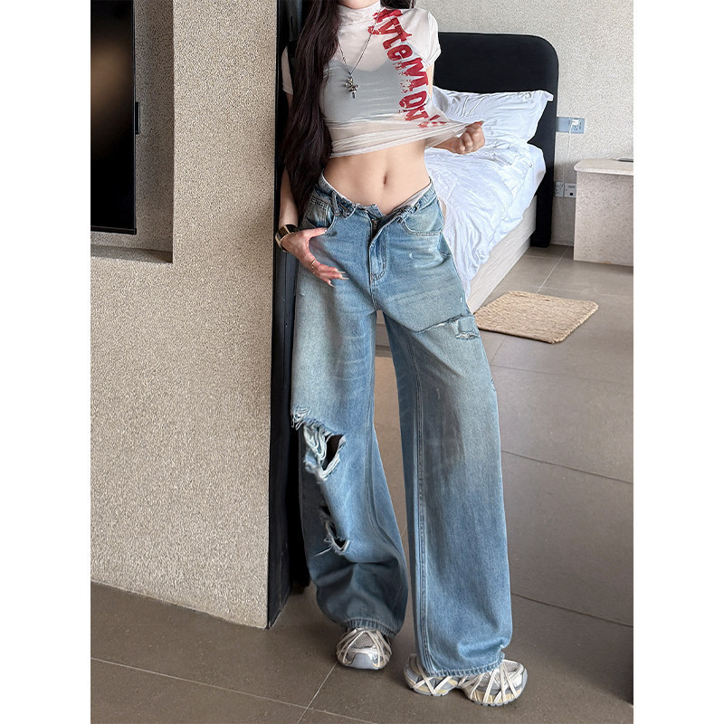 Zheng Xiaoliang Spicy Girl Low-Waist Ripped Narrow Wide-Leg Jeans for Women 2026 Summer New Style Loose Slimming Floor-Length Pants Zheng Xiaoliang Spicy Girl Low-Waist Ripped Narrow Wide-Leg Jeans for Women 2026 Summer New Style Loose Slimming Floor-Length Pants