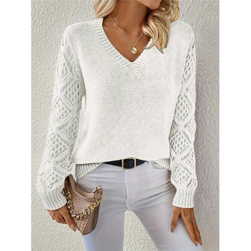 Primavera y otoño abrigo agujero jersey de punto suéter de mujer hookah de manga larga gancho flor Jacquard suelto V-collar bottom top transfronterizo