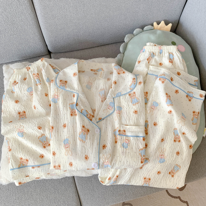 Pijamas de amor dulce de color, pantalones de manga corta de hilo de algodón de nube de verano para mujer, cárdigan de tres piezas, servicio a domicilio