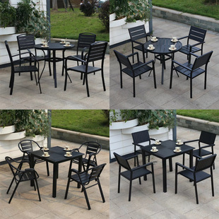 Outdoor table and chair coffee shop waterproof courtyard combination leisure garden balcony plastic wood anti-corrosion wood table and chair with umbrella anti-corrosion