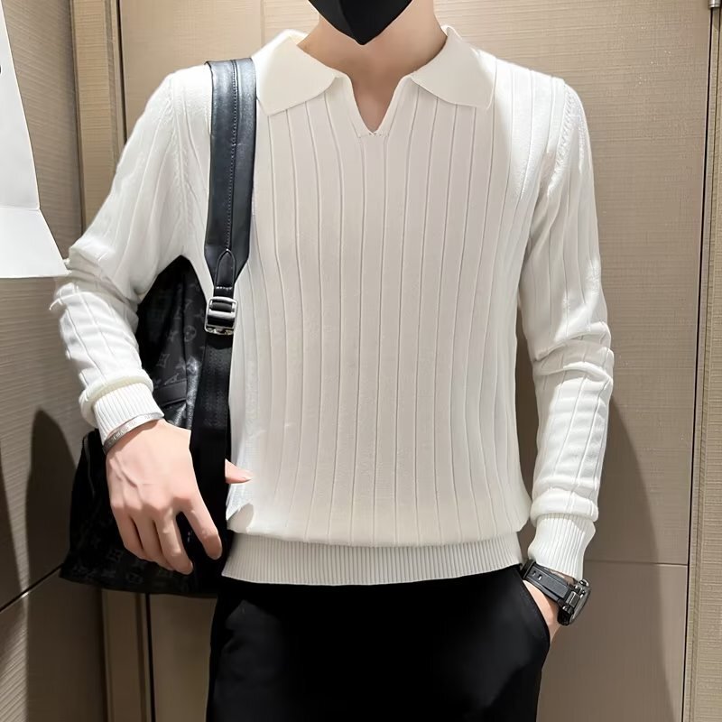 2024 striped sweater men's autumn fashion lapel polo sweater base shirt handsome clothes men's hair generation