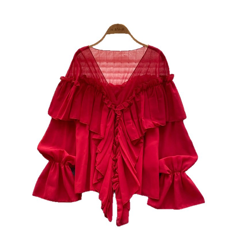 Summer Elegant Lazy Style Socialite Ruffled Trim Flared Sleeve Chiffon Blouse Loose Shirt Women's Clothing Tops_ecoleips.com