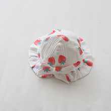 儿童白草莓飘带帽子春秋款纱布棉质可调节可爱淑女童帽