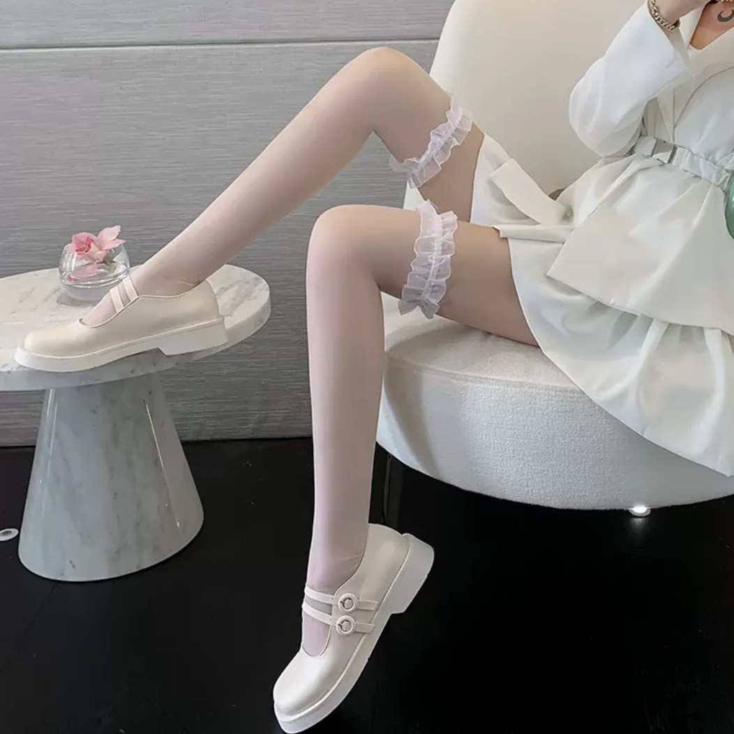 White Silk Over-The-Knee Socks, White Pure Desire, Lolita Lace Stockings, Lolita High Stockings, Breathable