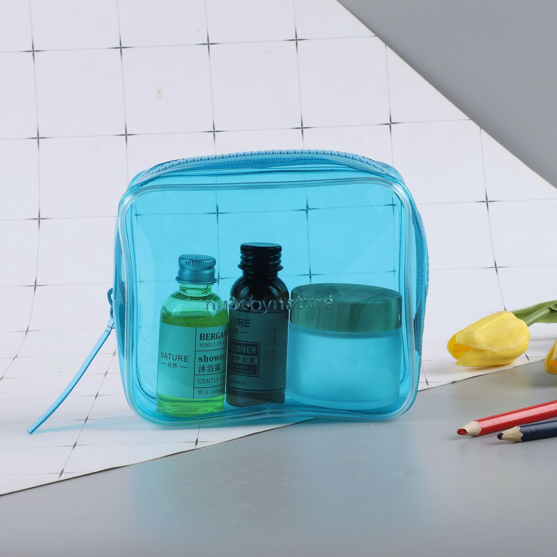 Bolsa de maquillaje de tracción de hueso de PVC transparente impermeable portátil viaje multifuncional lavado almacenamiento plástico embalaje con cremallera
