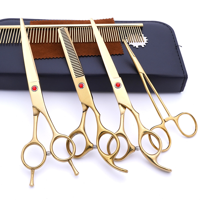 Fabricante de juegos de tijeras para mascotas, tijeras de peluquería canina al por mayor de 7 pulgadas, suministros morados para perros.