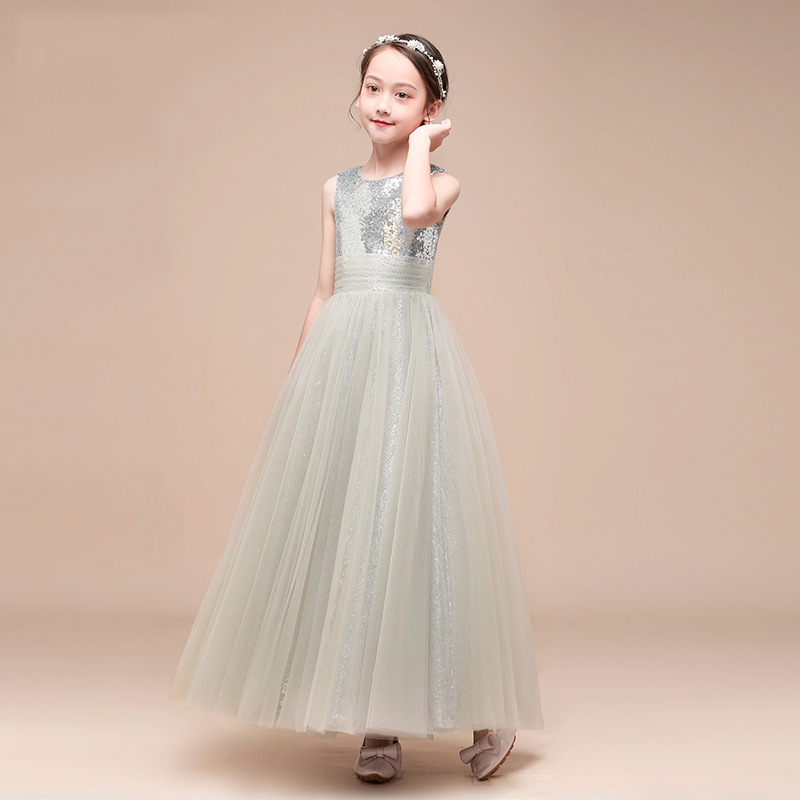 Girls Princess Dress Piano Orchestra Chorus Dress Female Silver Student Year's Day Party Host Children's Performance Clothing